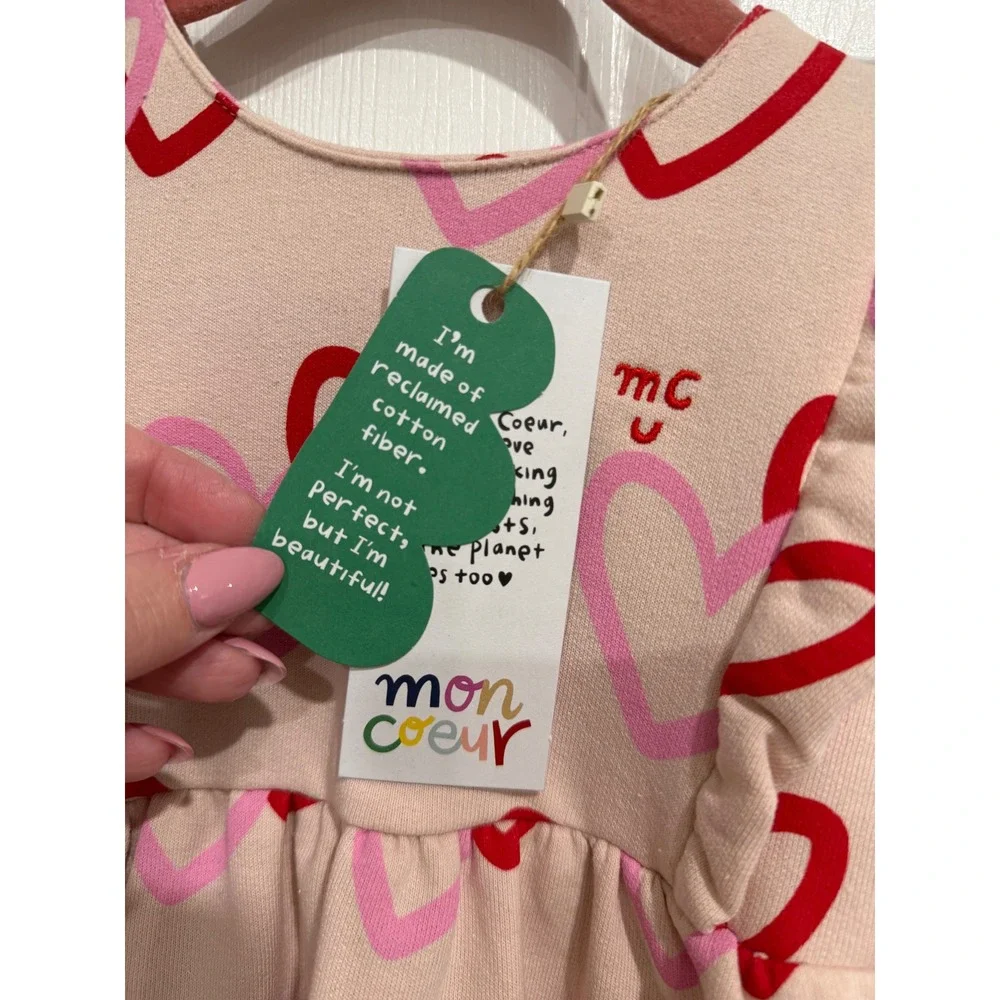 Mon Coeur Kids Heart Print Long Sleeve Ruffle Dress Recycled Cotton Pink 12-18M